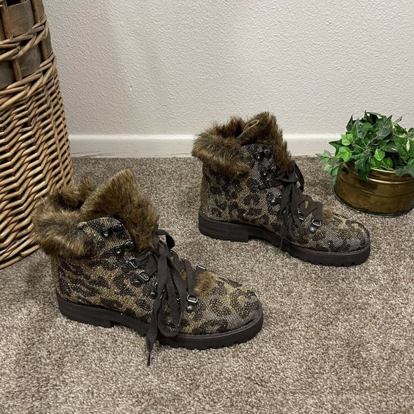 Jessica Simpson Shoes - Jessica Simpson Norina Faux Fur Leopard Bling Sparkle Combat Ankle Boots New